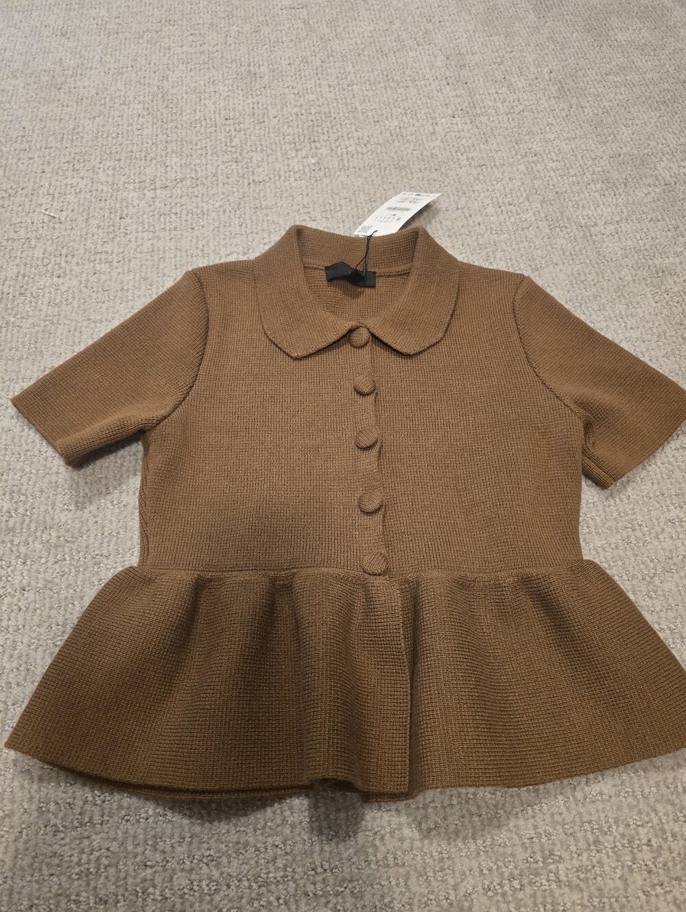 ZARA Women Brown Knit Peplum Top with Peter Pan Collar